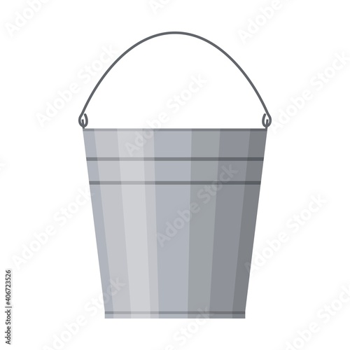 Metal bucket and household isolated on white background, Agriculture work equipment. Steel gardening container. Vector illustration
