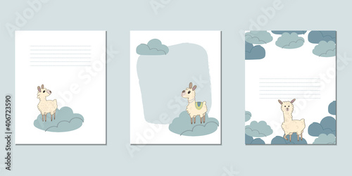 Set of vector children's cards with lamas. Templates for text for a children's party, baby shower, cards, invitations, diplomas.