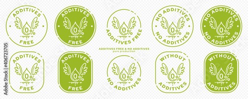 Сonceptual stamps for packaging products. Labeling - no additives. Stamp with a flat icon of a blob with wings - a symbol of the liberated, free. The product is free of absorbable ingredient. Vector  photo