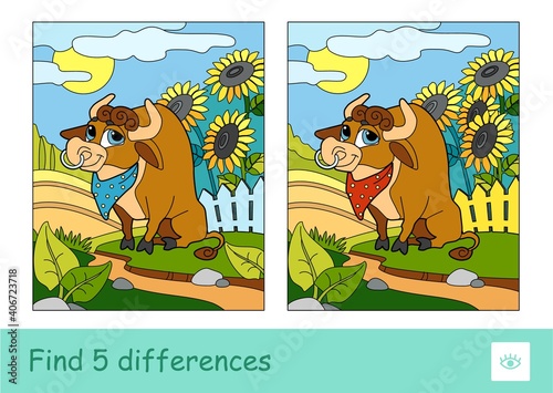 Find five differences quiz children game with bull grazing near the yard. Colorful image of animals. Developmental activity for children.