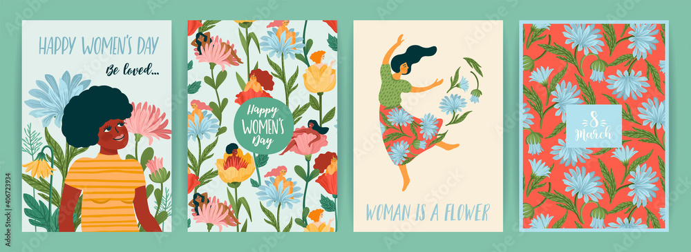 International Women s Day. Set of vector templates with cute women and flowers for card, poster, flyer and other