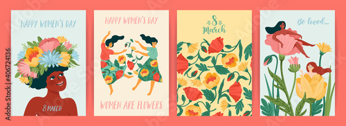 International Women s Day. Set of vector templates with cute women and flowers for card  poster  flyer and other