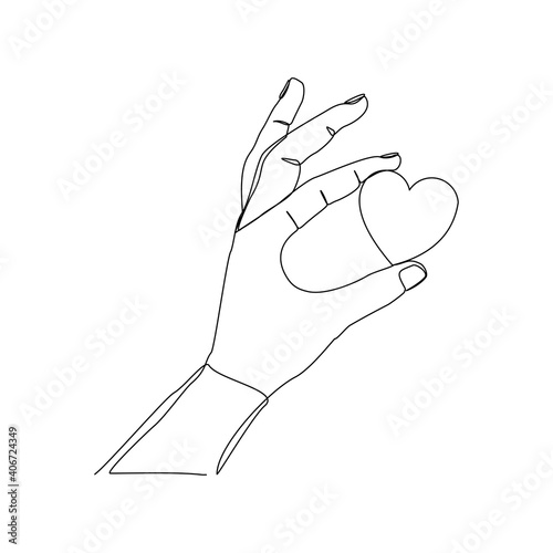 Continuous line drawing of hand holding love heart on white background. Single one line art of valentine. Vector illustration