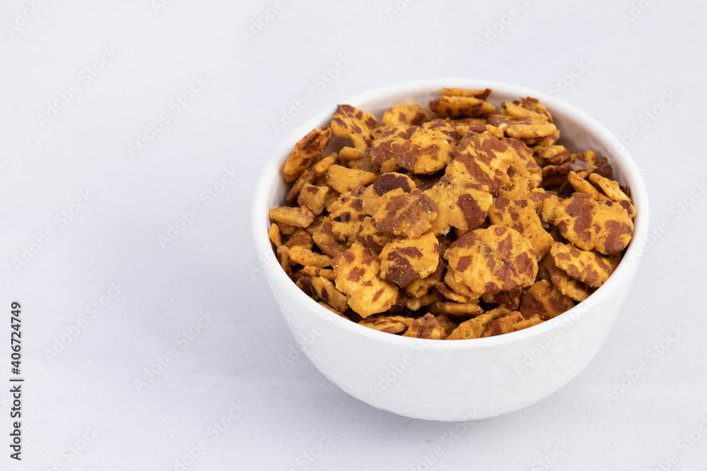 Most Enjoyed Famous Snacks Of India Chatpata Chana Jor Garam Namkeen Prepared From Roasted Flattened Bengal Chana Daal Gram Boot In Bowl Isolated On White Background With Blank Space For Custom Text Most Enjoyed Famous Snacks Of India Chatpata Chana Jor Garam Namkeen Prepared From Roasted Flattened Bengal Chana Daal Gram Boot In Bowl Isolated On White Background With Blank Space For Custom Text