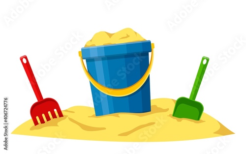 Baby bucket, spade and rake in sand isolated on white background. Toys set for children sandbox and playground, little bucket and shovel. Vector illustration