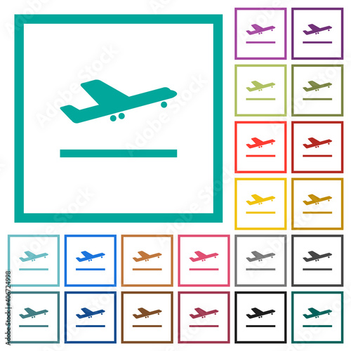 Airplane take off flat color icons with quadrant frames