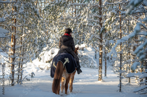 Woman horseback riding in snowy forest in winter in Finland