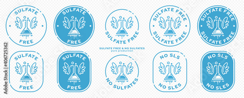 Conceptual stamps for packaging products. Labeling - sulfate free. Round stamp with flat icon of ingredient flask and wings - a symbol of liberation, freedom. Vector grouped elements.