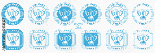 Conceptual stamps for packaging products. Labeling - sulfate free. Round stamp with flat icon of ingredient flask and wings - a symbol of liberation, freedom. Vector grouped elements.