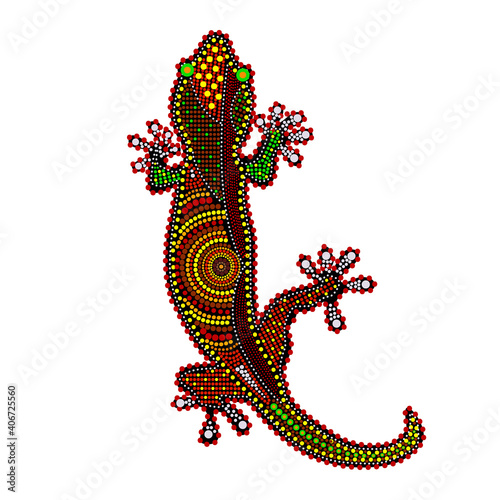 Lizard isolated on white background. Australia aboriginal lizard dot painting. Aboriginal styled lizard gecko. Decorative ethnic style.For flyer, poster, banner, placard, brochure.Vector illustration