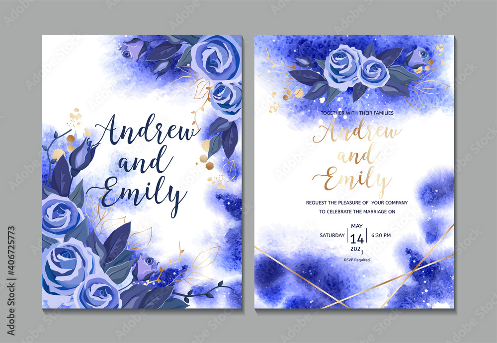 Wedding invitation card with navy blue watercolor background and hand ...