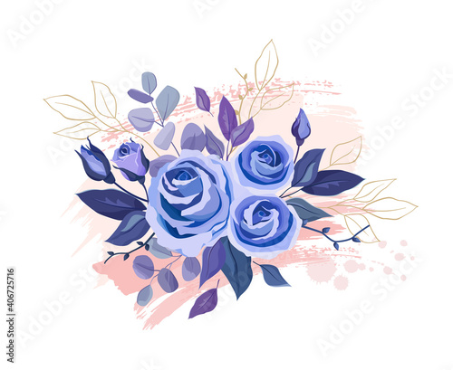 Vector illustration with hand drawn blue roses and abstract pastel pink brush...