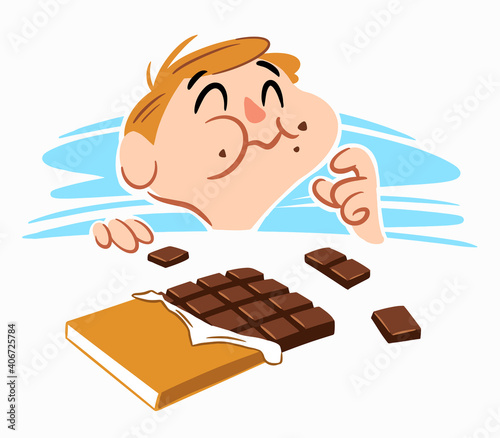 A little boy eating chocolate happily