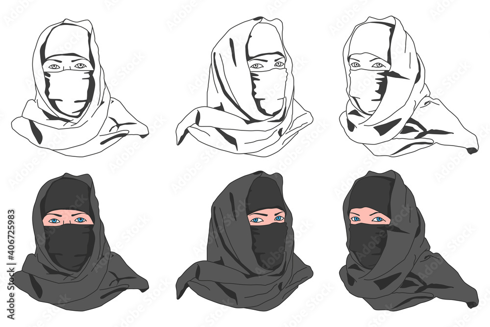 Muslim woman in niqab vector cartoon set isolated on a white background. Stock Vector | Adobe Stock Muslim woman in niqab vector cartoon set isolated on a white background. Stock Vector | Adobe Stock