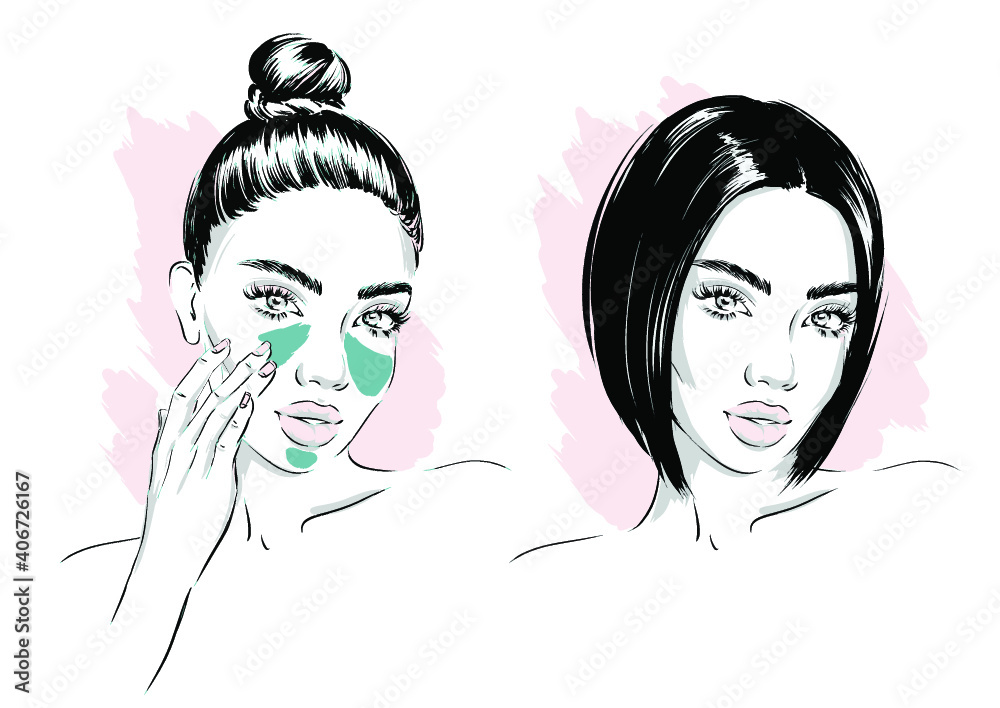 Beautiful young woman with clean fresh skin touch own face Beautiful young woman with clean fresh skin touch own face