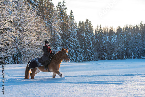 Woman horseback riding in snowy forest in winter in Finland