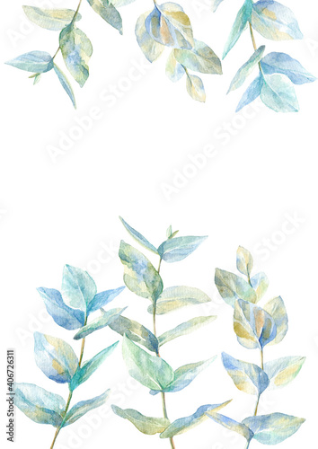 Floral border .Garland of a eucalyptus branches.Frame of a herbs.Watercolor hand drawn illustration.It can be used for greeting cards, posters, wedding cards. 