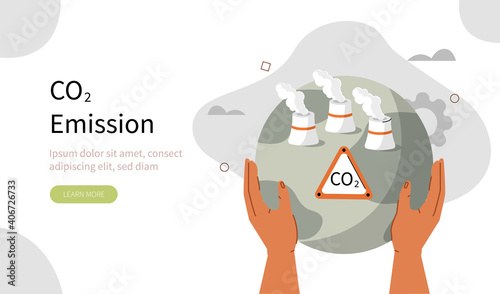 Human Hands holding Planet Earth with Smoking Power Plant Pipes. Environment Polluted by CO2 Emission. Climate Change Problem Concept. Flat Cartoon Vector Illustration.