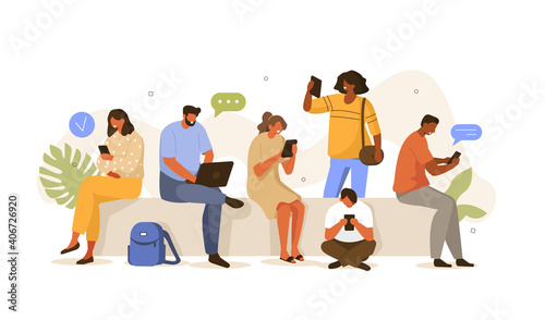Young Fashionable People sitting Together, Looking on Smartphones and Chatting. Happy Boys and Girls talking and typing on Phone. Female and Male Characters. Flat Cartoon Vector Illustration.