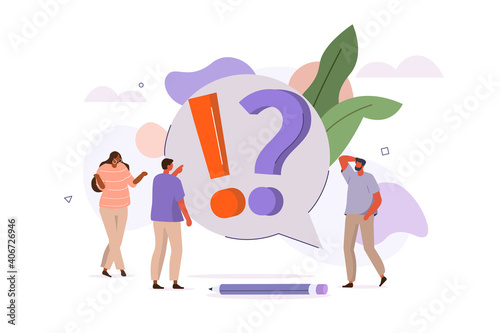 People Characters talking with Customer Support. Woman and Man Ask Questions and receive Answers. Online Support Service. Frequently Asked Questions Concept. Flat Cartoon Vector Illustration.