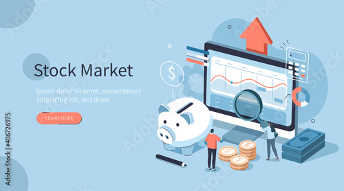 People Characters Analyzing  Stock Market. They Standing near Screen with Graphs, Charts and Diagrams. Businesspersons Investing in Stocks. Stock Trading Concept. Flat Isometric Vector Illustration.