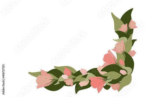 Angled frame with  spring blossom, buds, green leaves on white background. Can be used as floral design for perfume, health care products, greeting card, chocolate packaging, wedding invitation card