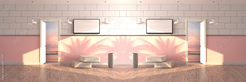 3D rendering of The sunlight shines And the pink and white wall with shadow of leaf. Television white screen are hung on the wall and White door overlooks sea and the sunset. Isolated on wooden floor.