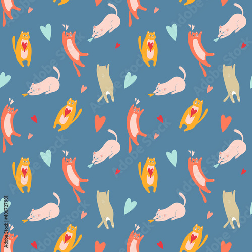 vector seamless pattern with multicolored domestic cats and hearts on a blue background 