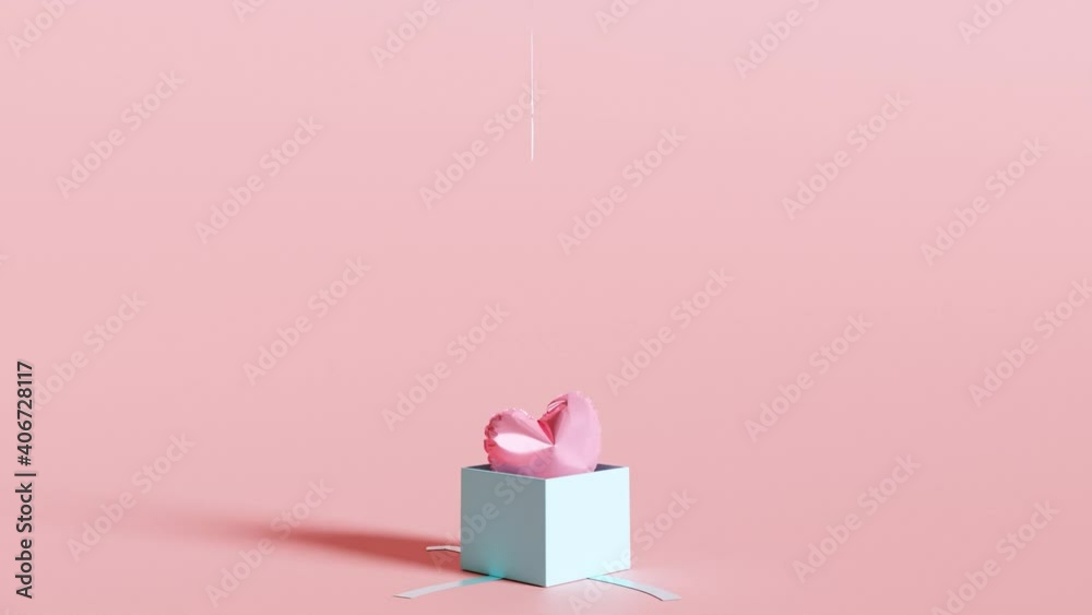 3D Animation Heart Balloons floating out of blue gift box on pastel ...