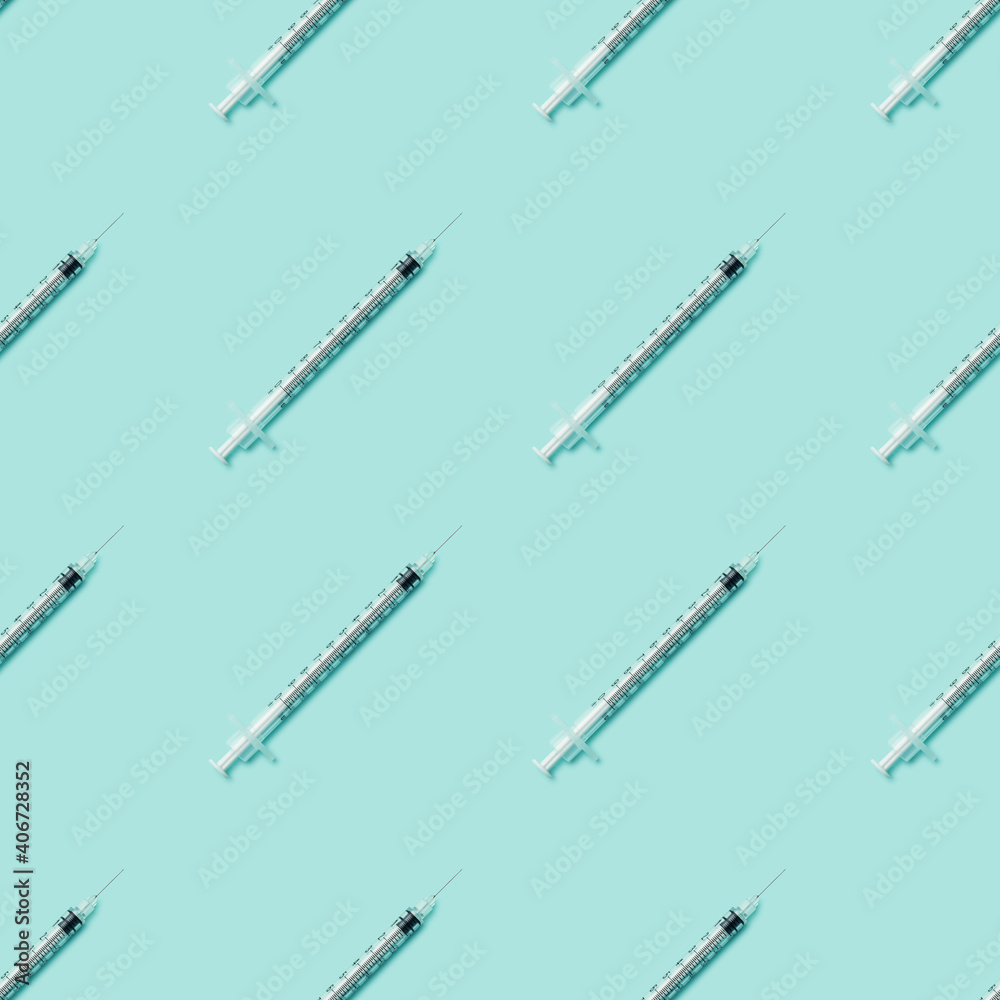 Seamless patterns. Medical syringes seamless pattern. Medical background.