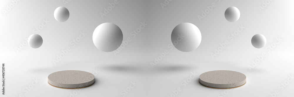 3D rendering of Minimal abstract scene with Round stone Pedestal with  Surrounded by round objects. Podium can be used for advertising, Isolated on white background. Product Display Presentation.