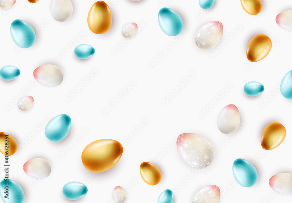 Easter poster template with 3d realistic  Easter eggs.  Template for advertising, poster, flyer, greeting card.  Vector Illustration EPS10