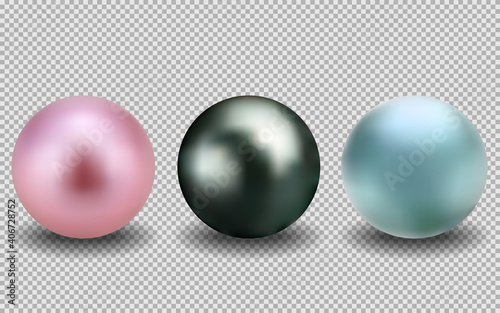 Set of realistic pearls. Round pink, black, blue, formed in the shell of a pearl oyster, a gem. Vector illustration