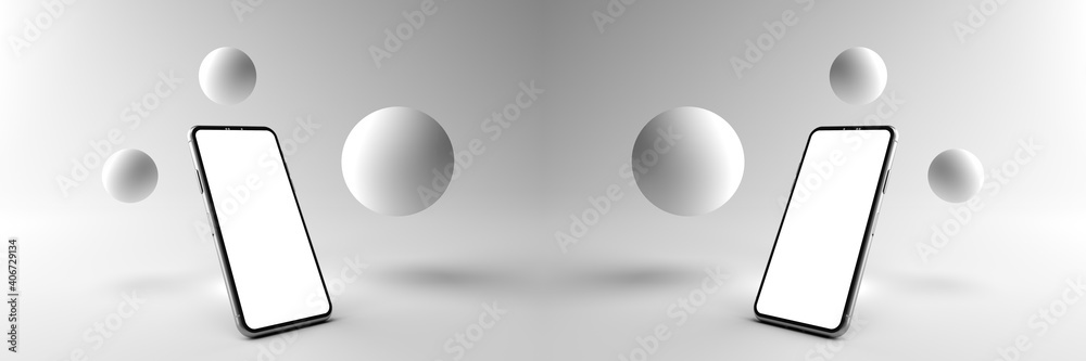 3D rendering. Minimal abstract scene with Smartphone white screen and Surrounded by round objects. Smartphone can be used for advertising, Isolated on white background. Display product, illustration. 3D rendering. Minimal abstract scene with Smartphone white screen and Surrounded by round objects. Smartphone can be used for advertising, Isolated on white background. Display product, illustration.