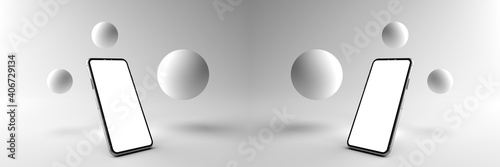 3D rendering. Minimal abstract scene with Smartphone white screen and Surrounded by round objects. Smartphone can be used for advertising, Isolated on white background. Display product, illustration.