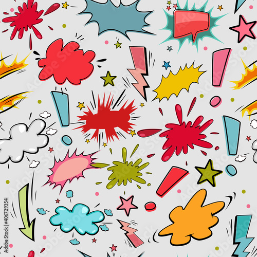 Comic speech bubble and sound effect vector seamless pattern. Background for wallpaper, wrapping, packing, and backdrop.