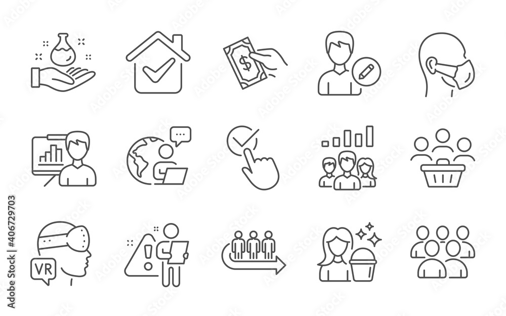 Queue, Group and Buyers line icons set. Presentation board, Augmented reality and Teamwork results signs. Pay money, Cleaning and Checkbox symbols. Line icons set. Vector