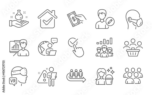 Queue, Group and Buyers line icons set. Presentation board, Augmented reality and Teamwork results signs. Pay money, Cleaning and Checkbox symbols. Line icons set. Vector
