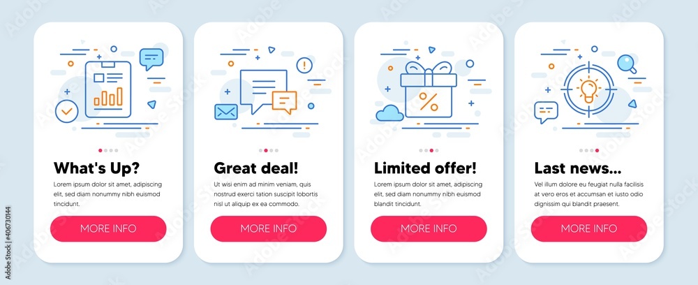 Set of Business icons, such as Discount offer, Comment, Report document symbols. Mobile app mockup banners. Idea line icons. Gift box, Talk bubbles, Page with charts. Solution. Vector