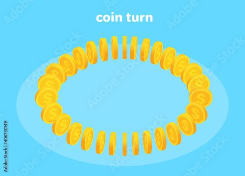 isometric vector illustration on blue background, coin rotation 360 degrees