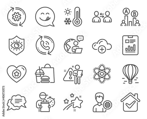 Business icons set. Included icon as Air balloon, Report document, Heart signs. Text message, Support, Communication symbols. Yummy smile, Cogwheel, Cloud computing. Weather thermometer. Vector