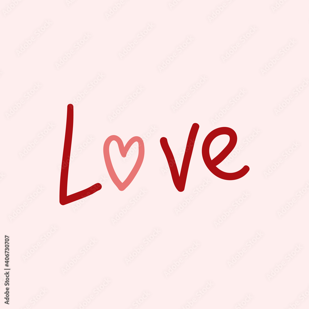 Valentines Day theme doodle Vector icon of hand drawn text Love with heart shape with isolated on a pink background. Valentines Day theme doodle Vector icon of hand drawn text Love with heart shape with isolated on a pink background.