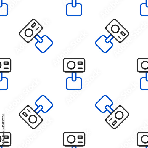 Line Action extreme camera icon isolated seamless pattern on white background. Video camera equipment for filming extreme sports. Colorful outline concept. Vector.
