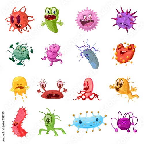 Canvastavla Collection of pathogen microbes, bacteries, coronavirus flu or influenza, with eyes, teeth