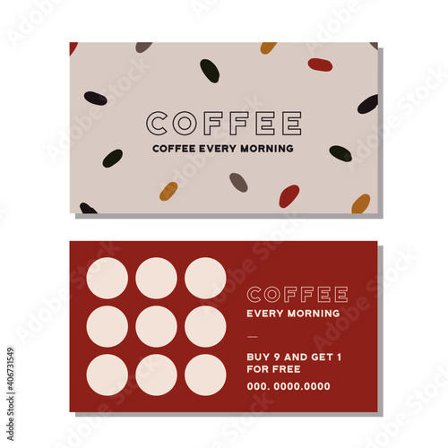 Loyalty card for cafe coffee. Stamps card collect 10 get 1 free. abstract background