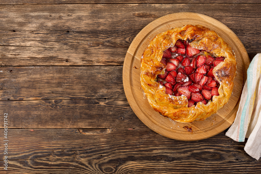 Homemade baking pie with strawberries. view from above, top view