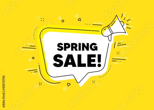 Spring Sale. Megaphone yellow vector banner. Special offer price sign. Advertising Discounts symbol. Thought speech bubble with quotes. Spring sale chat think megaphone message. Vector