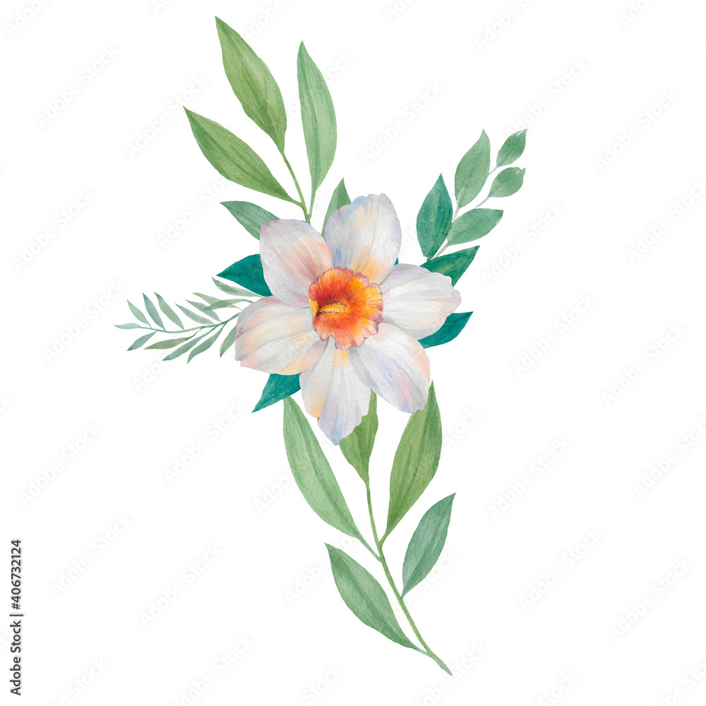 Fototapeta premium Delicate composition of flower and leaves. Hand drawn watercolor illustration. Suitable for print, poster, greeting card, invitation, postcard, textile design, fabric, wedding decor, wrapping paper.