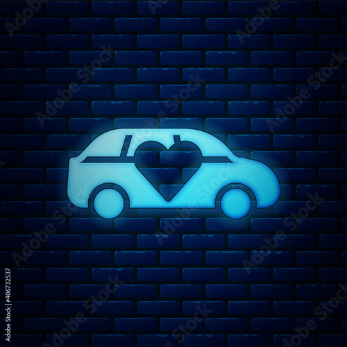 Glowing neon Luxury limousine car icon isolated on brick wall background. For world premiere celebrities and guests poster. Vector.