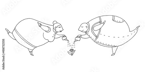 Overweight man and woman watering a flower from watering cans. Vector hand-drawn doodle illustration. Black and white outline. Gardener. Body positive. Romance, relationships, harmony, feelings.